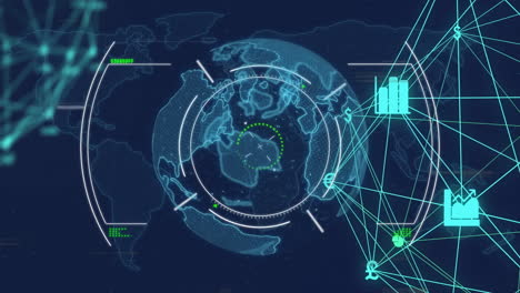conexiones de red global y animación de procesamiento de datos sobre el mapa del mundo