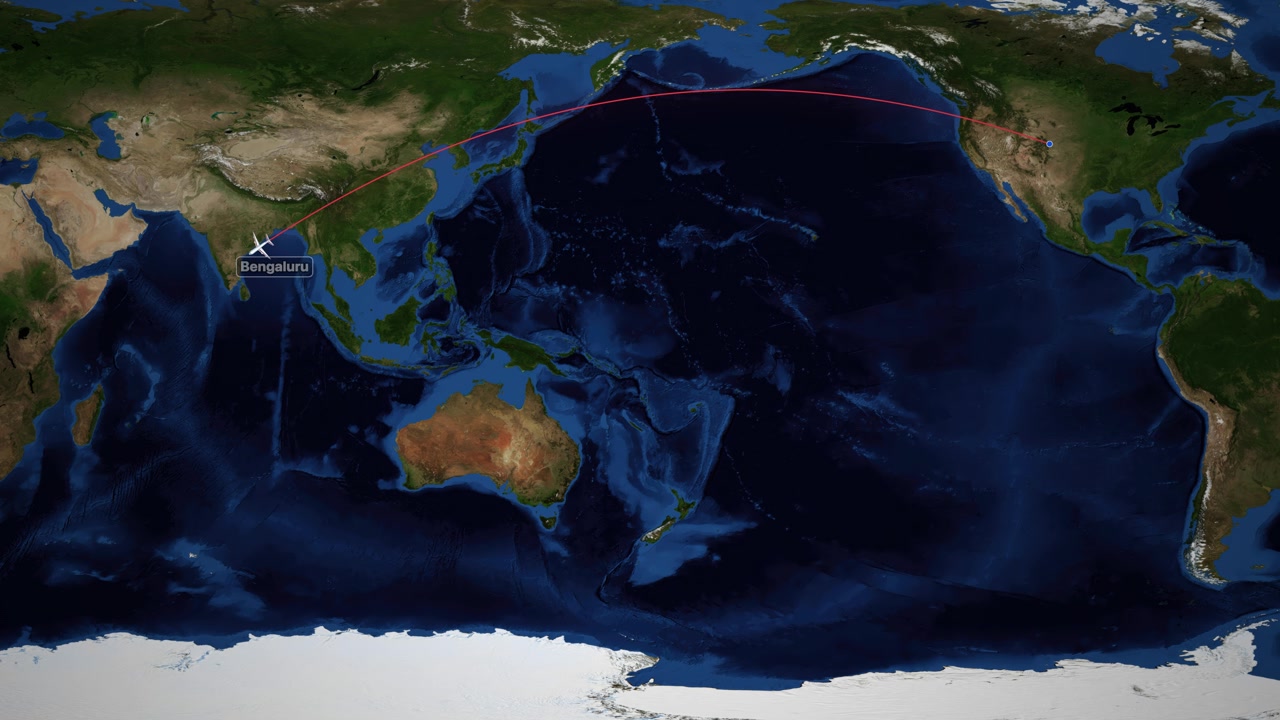 แผนที่เส้นทางการบินแบบเคลื่อนไหวจากเดนเวอร์ถึงเบงกาลูรู