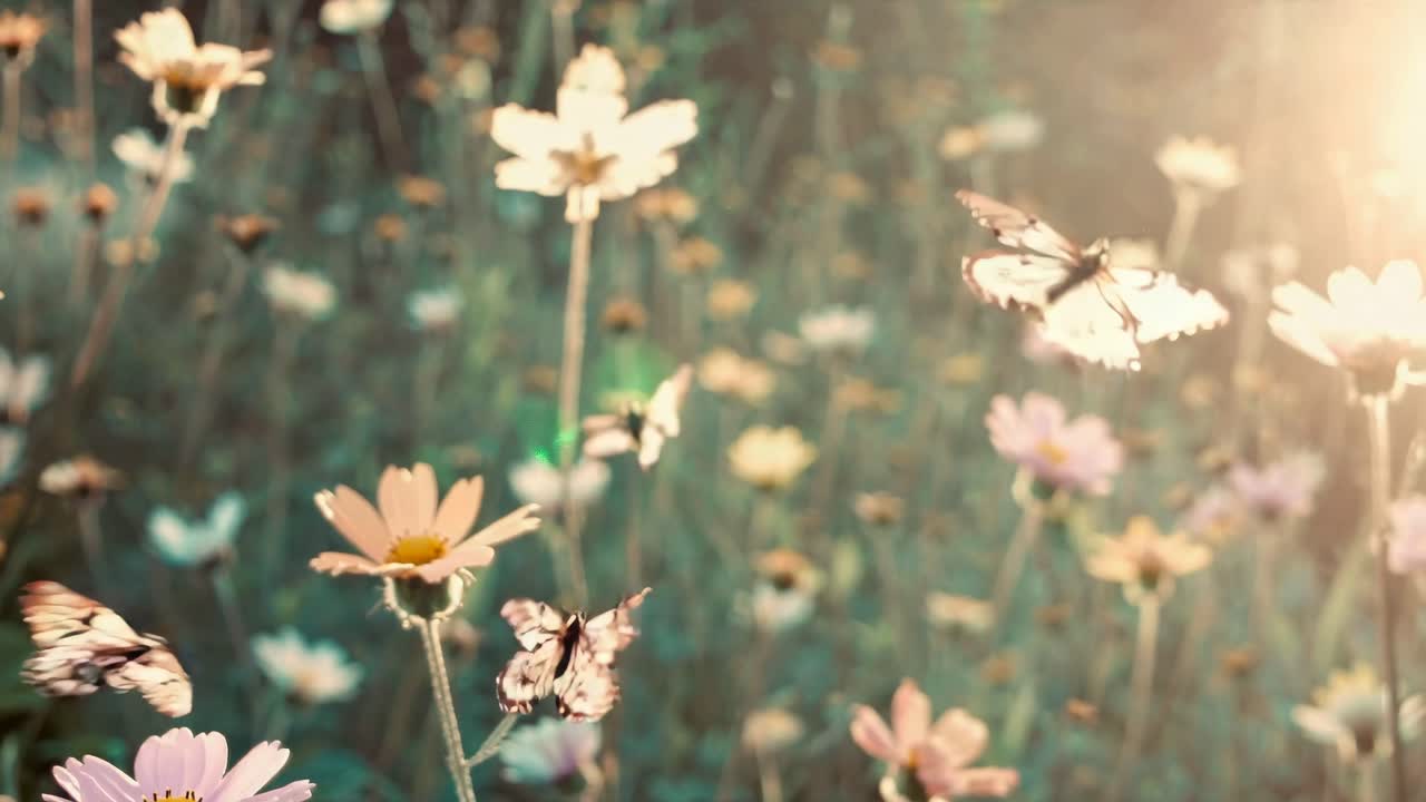 Butterflies flutter over wildflowers in soft focus. Captured from a low angle, the video