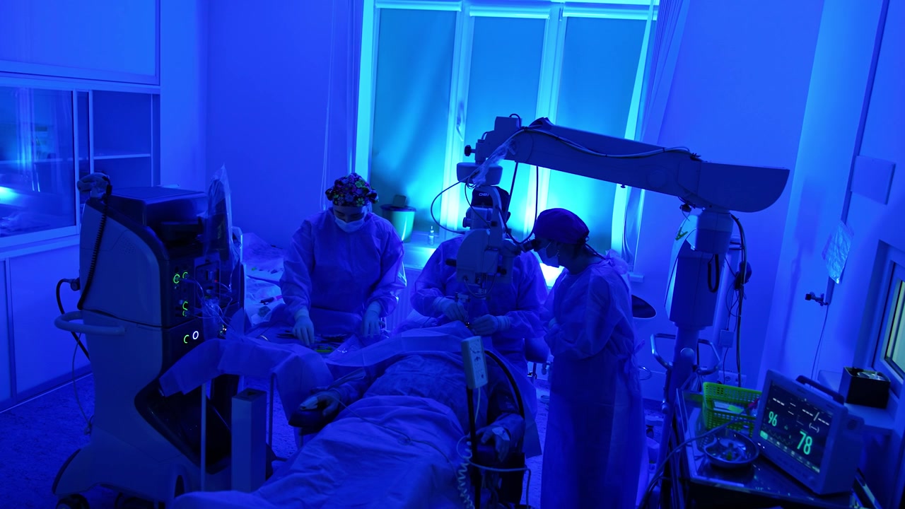 Processo di chirurgia oculistica in una moderna sala operatoria con luce blu. Due medici eseguono l'operazione guardando al microscopio.