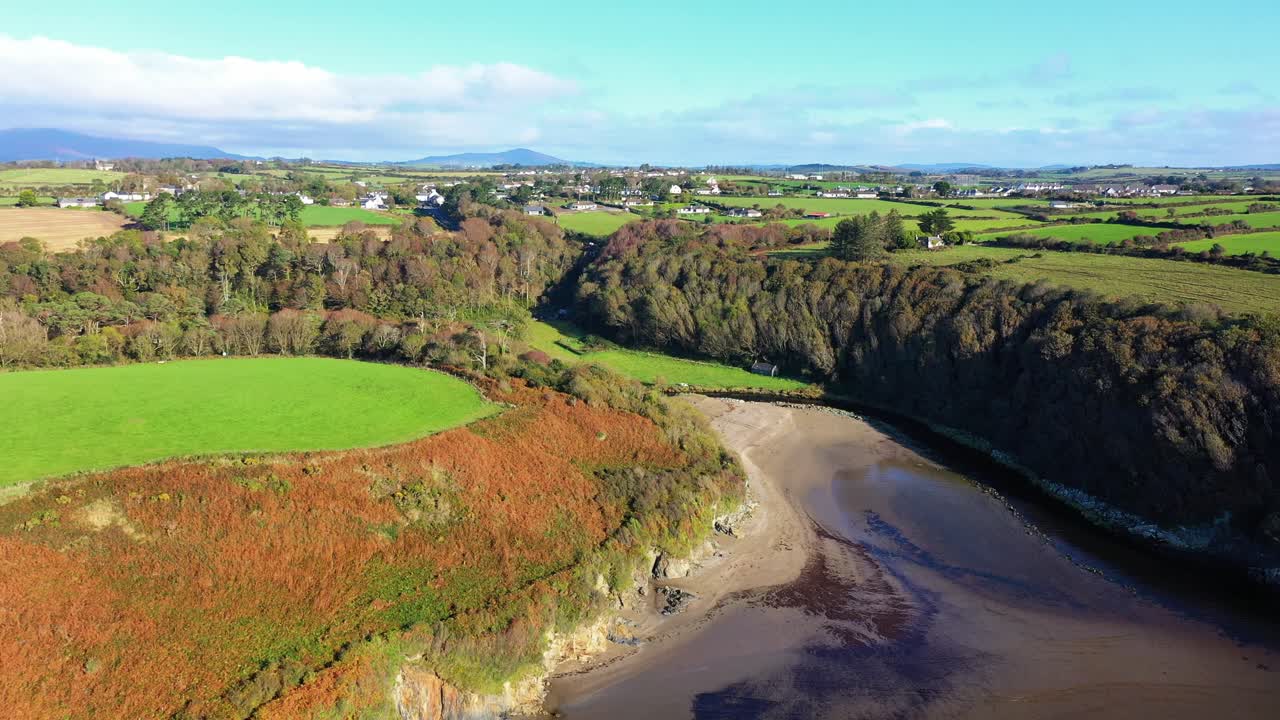 Birds eye view of isolated beach in South Ireland in the day, dolly in