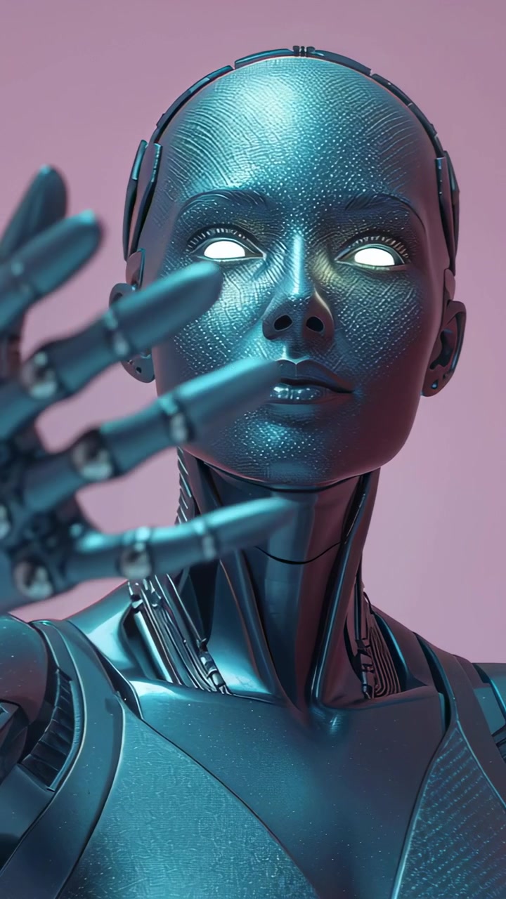 Video verticale: Reagendo all'ingresso di una mano, androide femmina inclina la testa sul set, rivelando occhi luminosi.