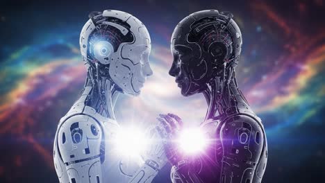 a mesmerizing encounter between two advanced humanoid robots, embodying the essence of connection, technology, and the captivating mystery of the cosmos in a digital landscape.