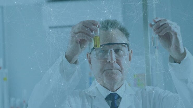 Animation eines Netzwerks von Verbindungen über einem kaukasischen Wissenschaftler im Labor