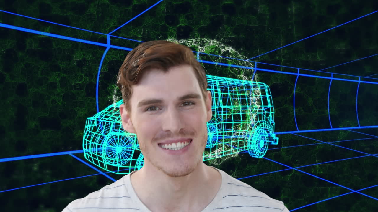 animación de un hombre caucásico sobre el cerebro humano, modelo de dibujo 3d de furgoneta y cuadrícula