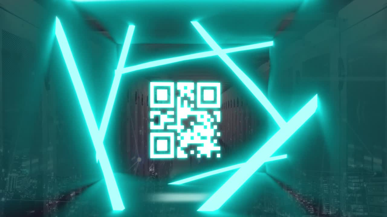 animación de líneas de neón azul con código qr, procesamiento de datos contra la sala de servidores