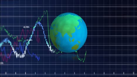 financial data processing over grid network against spinning globe icon on blue background