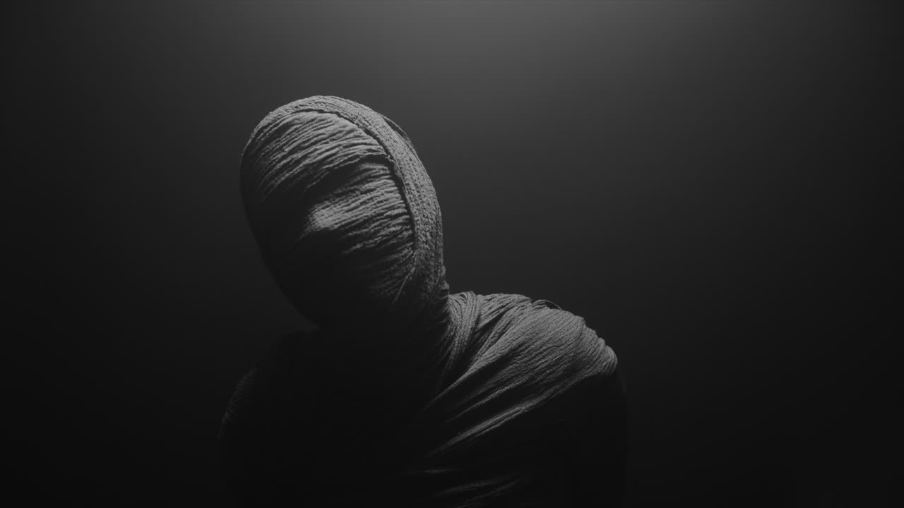 A mummy of a woman on a dark backdrop rises her head