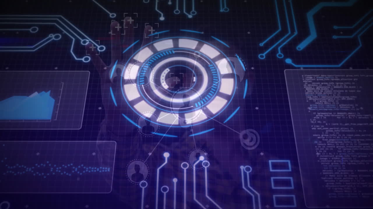 Animazione di un'interfaccia digitale futuristica che mostra schemi di circuiti e grafici di dati.