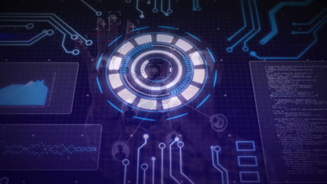 animation of futuristic digital interface showing circuit patterns and data graphs
