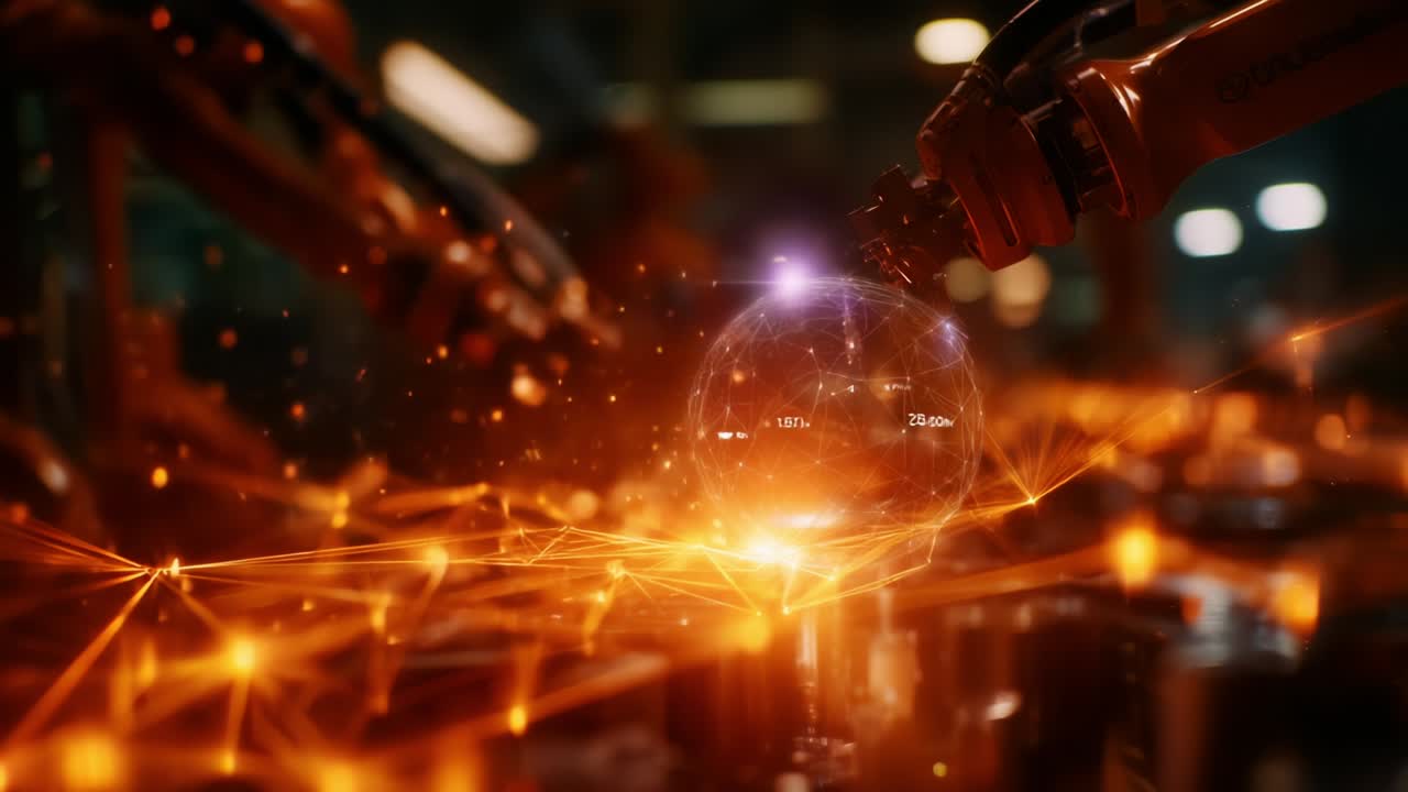 In a futuristic factory setting, robotic arms expertly manipulate a glowing sphere representative of advanced technology and interconnected systems, symbolizing the synergy between automation and innovation in manufacturing processes