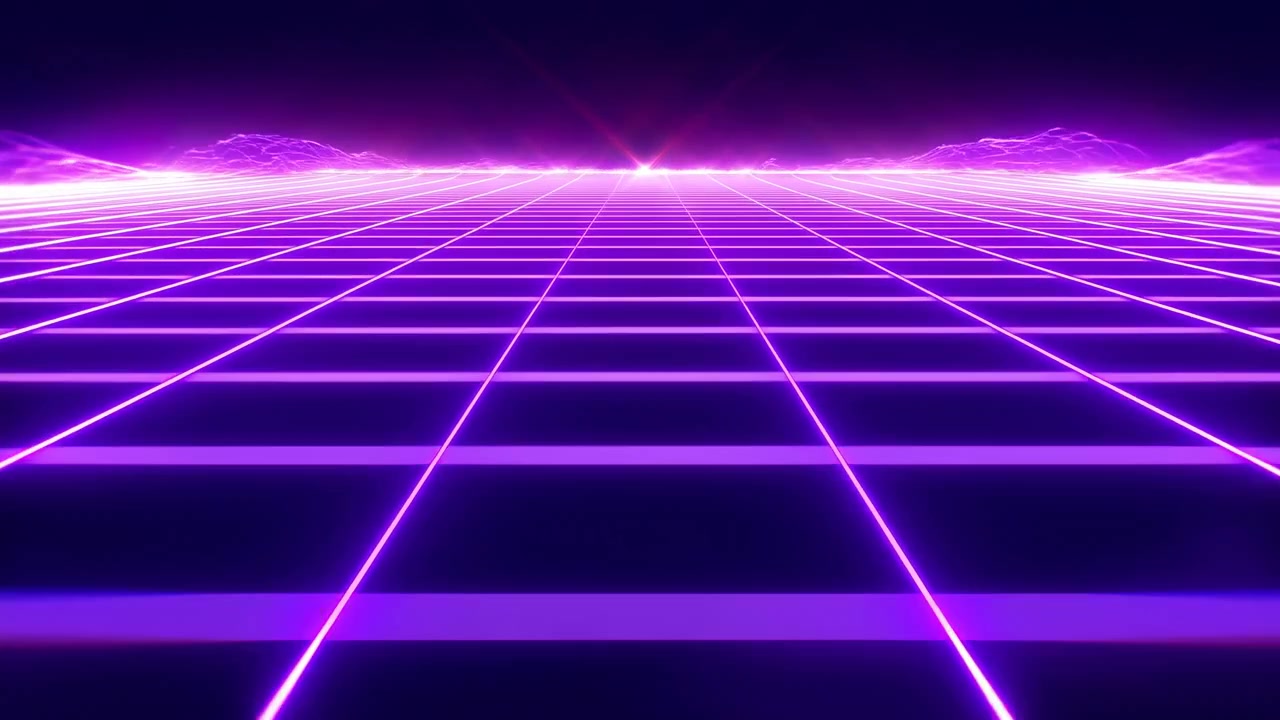 Scena astratta con una griglia viola neon che si allontana su una superficie scura verso un orizzonte luminoso, con contorni morbidi a onda, riflessi blu e un effetto drammatico.
