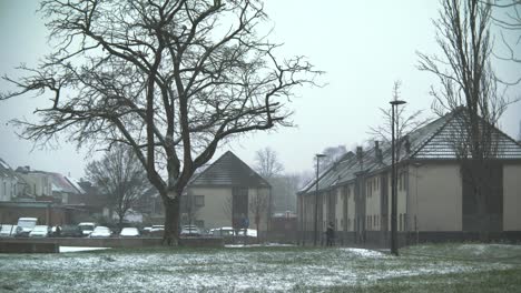 Lockdown-shot-of-Belgian-neighborhood-and-people-walking-in-winter-season