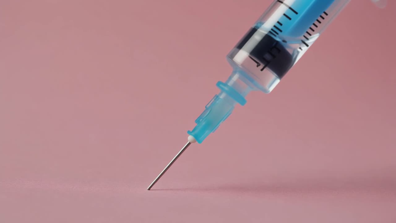 Close Up of Medical Syringe Expelling Blue Liquid from Needle