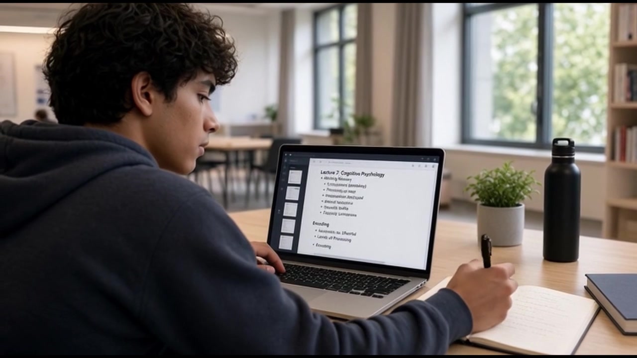 Joven estudiante estudiando psicología cognitiva en un portátil en la biblioteca