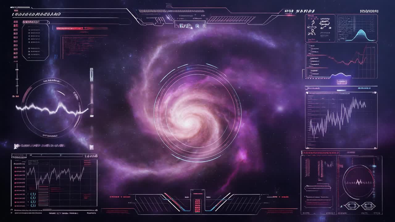 Futuristic Holographic Interface Displaying Data Over a Swirling Galaxy