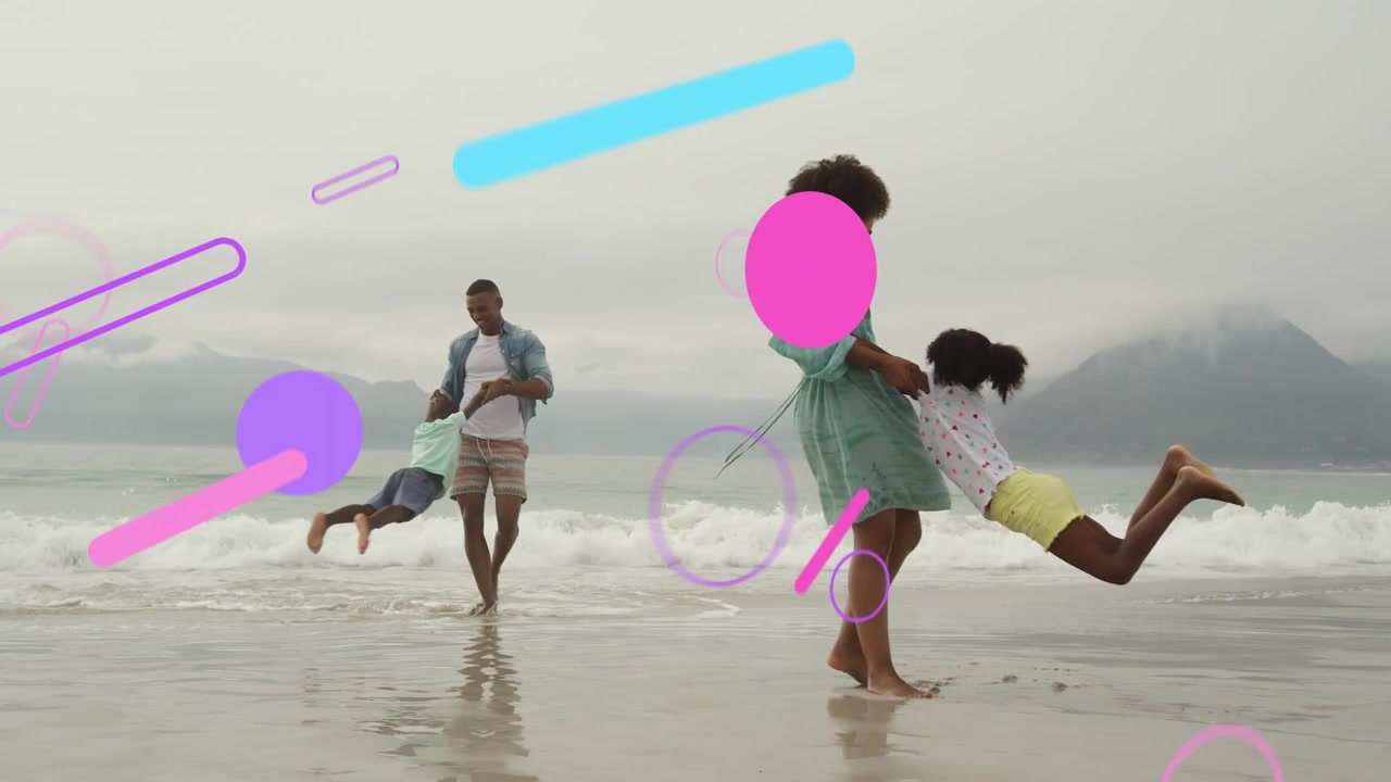 parents holding kids and swinging them for fun to waves, pink blue travel overlays hiding scene