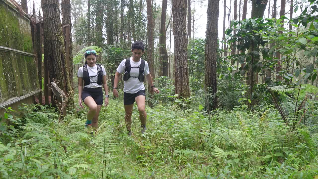 pareja de senderismo en el bosque