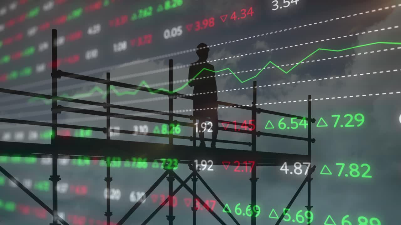 Animation einer Architektin auf einem Gerüst mit Finanzdatenverarbeitung und Statistiken.