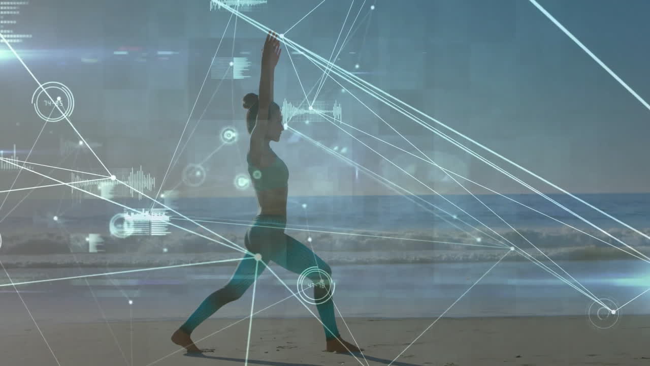 On beach, person in yoga pose with animation of data visualization network connections