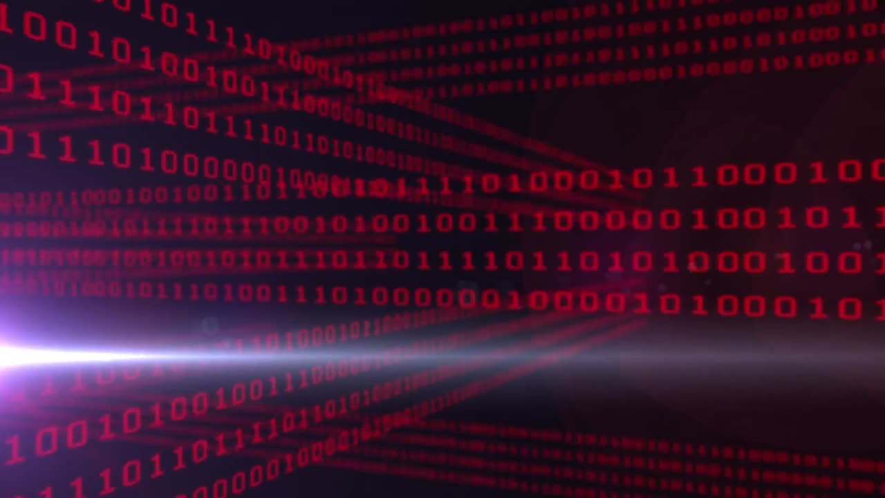 Animation of light trails and binary code on black background