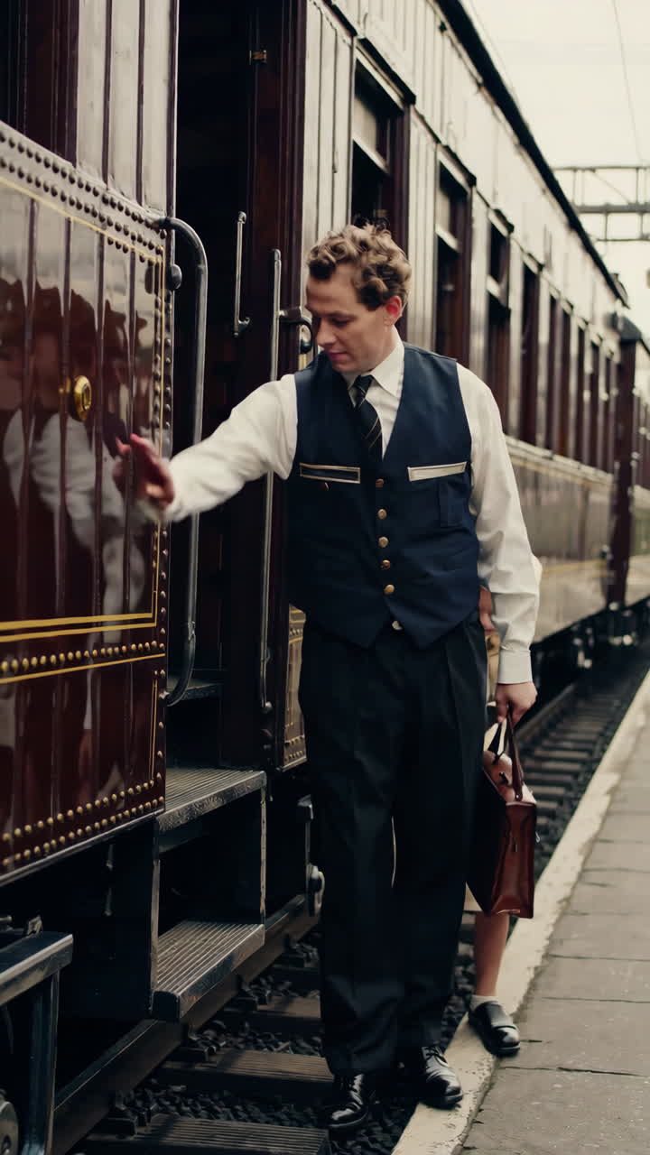 conductor de tren de época en la estación