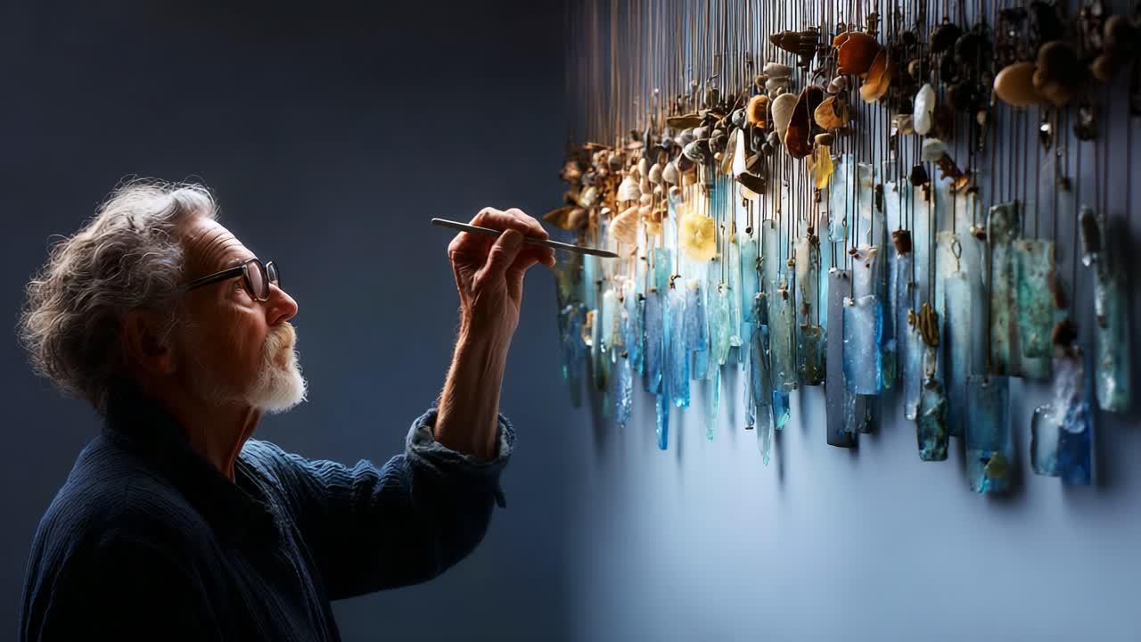 An Artist at Work: Deeply Focused on Creating a Stunning Mosaic of Nature's Beauty from Vibrant Glass and Natural Elements, Each Piece Reflecting Creativity and Passion