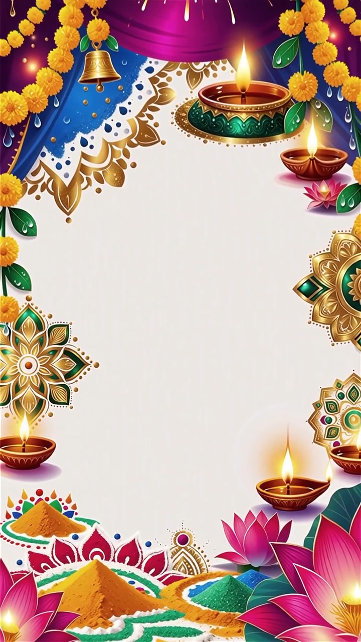 Sfondo Diwali con Diyas luminosi, Rangoli e fiori di loto