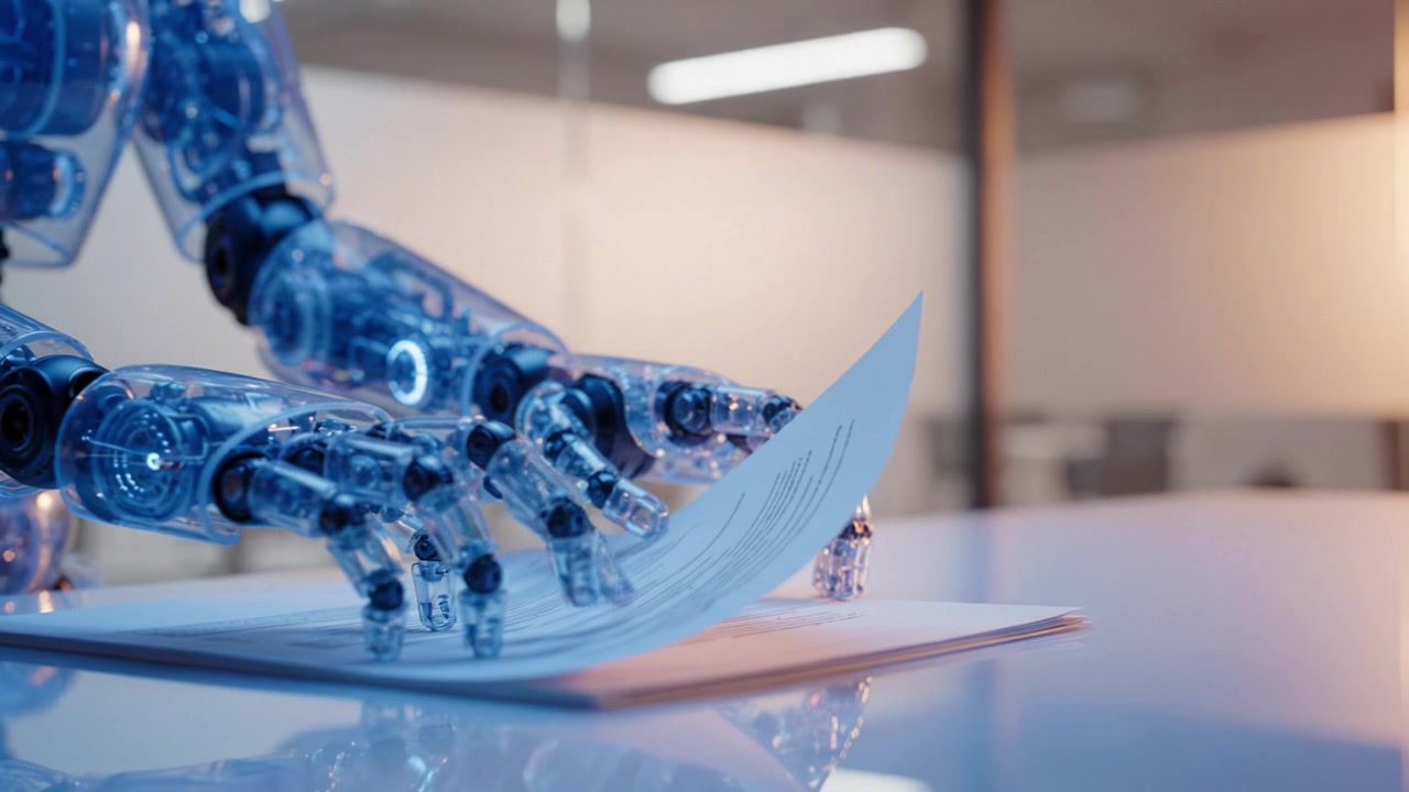 A detailed view of a robotic hand interacting with a document, showcasing advanced robotic technology in an office environment with a sleek design and modern aesthetics.