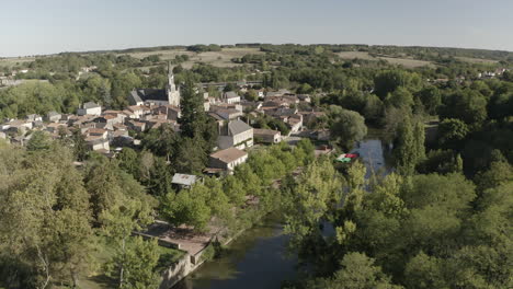 aerial drone point of view of the village of saint-loup-lamaire in deux-sevres, france