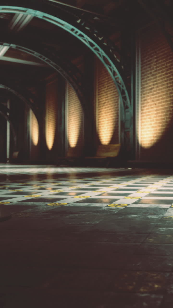 Licht scheint nachts auf den Boden in einer leeren Halle eines historischen Gebäudes