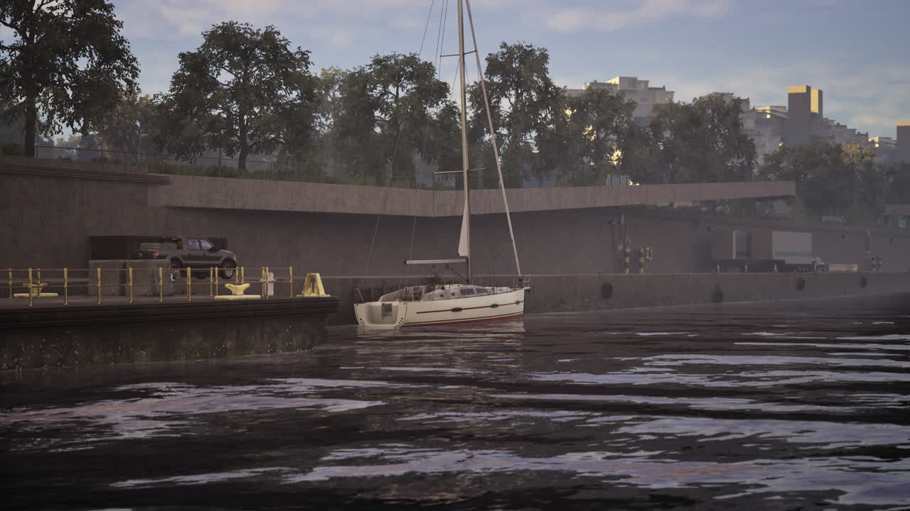 Sailboat docked at a quiet marina during sunset near a city skyline