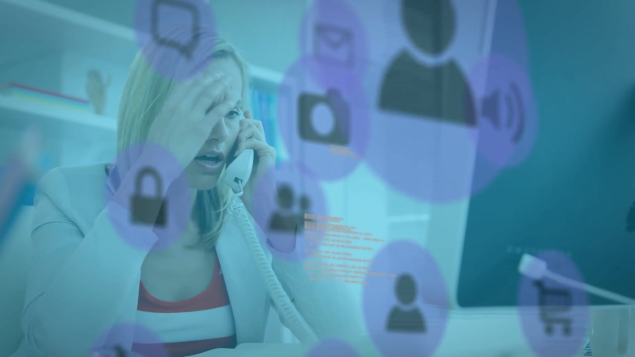 Vertical video: Office woman grabbing phone as purple icons floating, handling messages