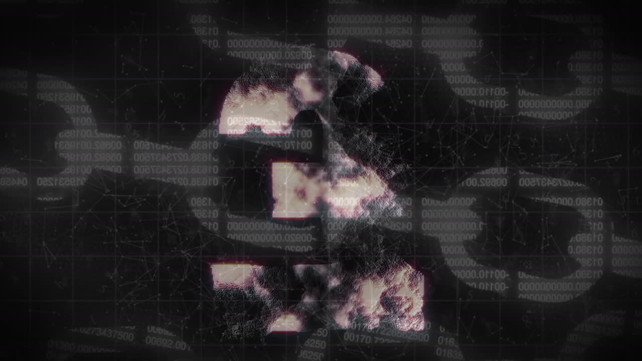 animación del icono de la cadena de seguridad y la red de conexiones contra el símbolo de la libra giratoria.