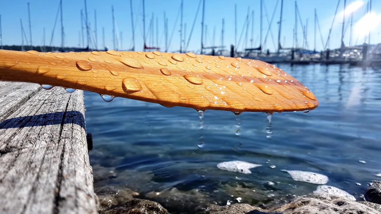 Una vista ravvicinata di una pagaia di legno che riposa sul bordo dell'acqua, adornata da goccioline scintillanti che riflettono il sole, creando un'atmosfera serena vicino al molo.