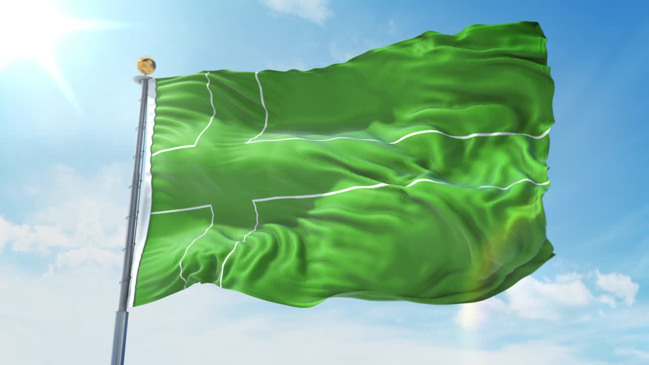 Bandera de Ladonia ondeando al viento contra un cielo azul profundo. Tema nacional, concepto internacional. Renderizado 3D Bucle continuo 4K