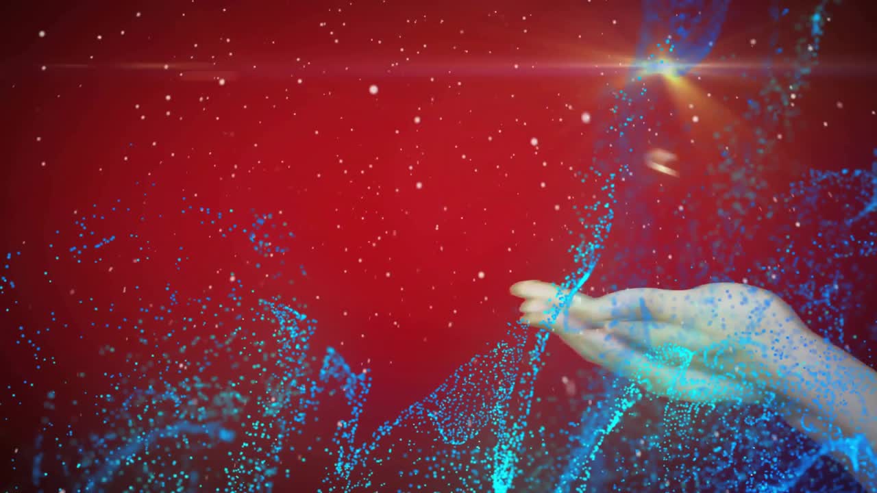 Arm entering right cupped hand forming golden ribbon spiraling into tree over red field blue flows