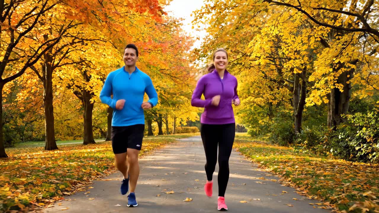pareja corriendo en el parque de otoño