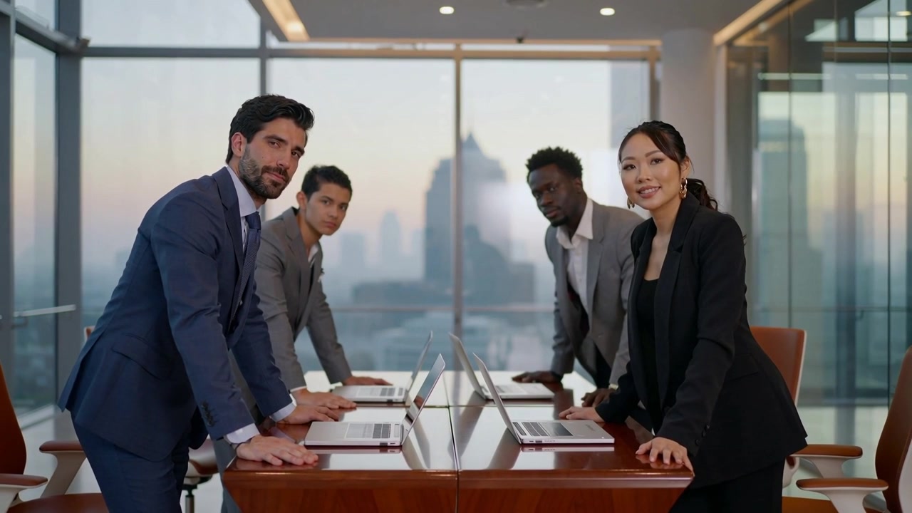Leaning staff of four reacting to briefing, shifting, smiling in suits at office table with laptops