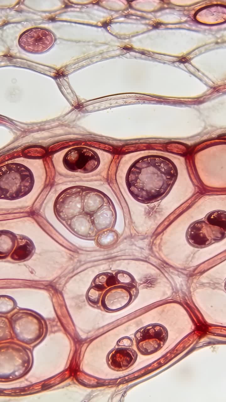 Video verticale: Vista panoramica al microscopio che rivela tessuto vegetale colorato di rosa su vetrino per studiare i vacuoli