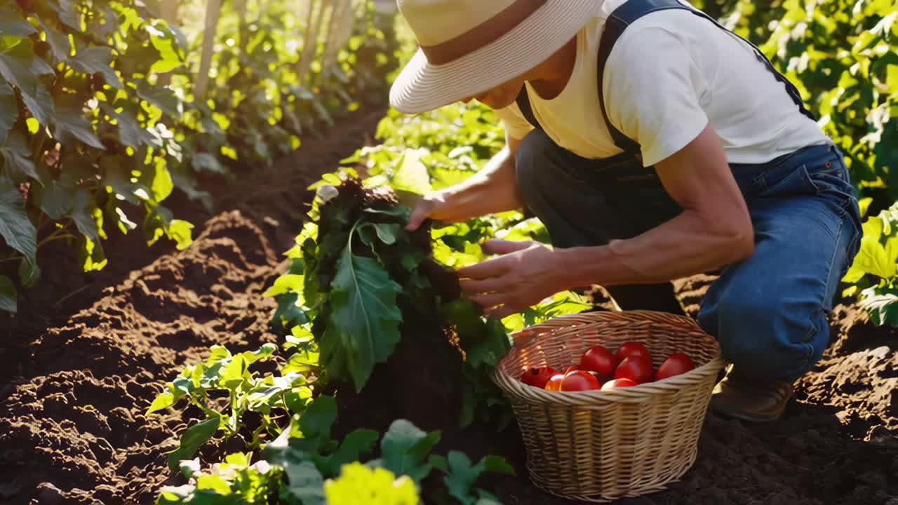 Farmer Harvesting Tomatoes in a Garden
