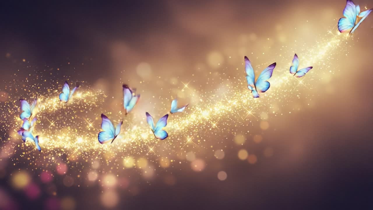 A Magical Journey of Butterflies: Witness the Enchanting Dance of Colorful Butterflies Against a Glittering Golden Background Filled with Sparkling Lights
