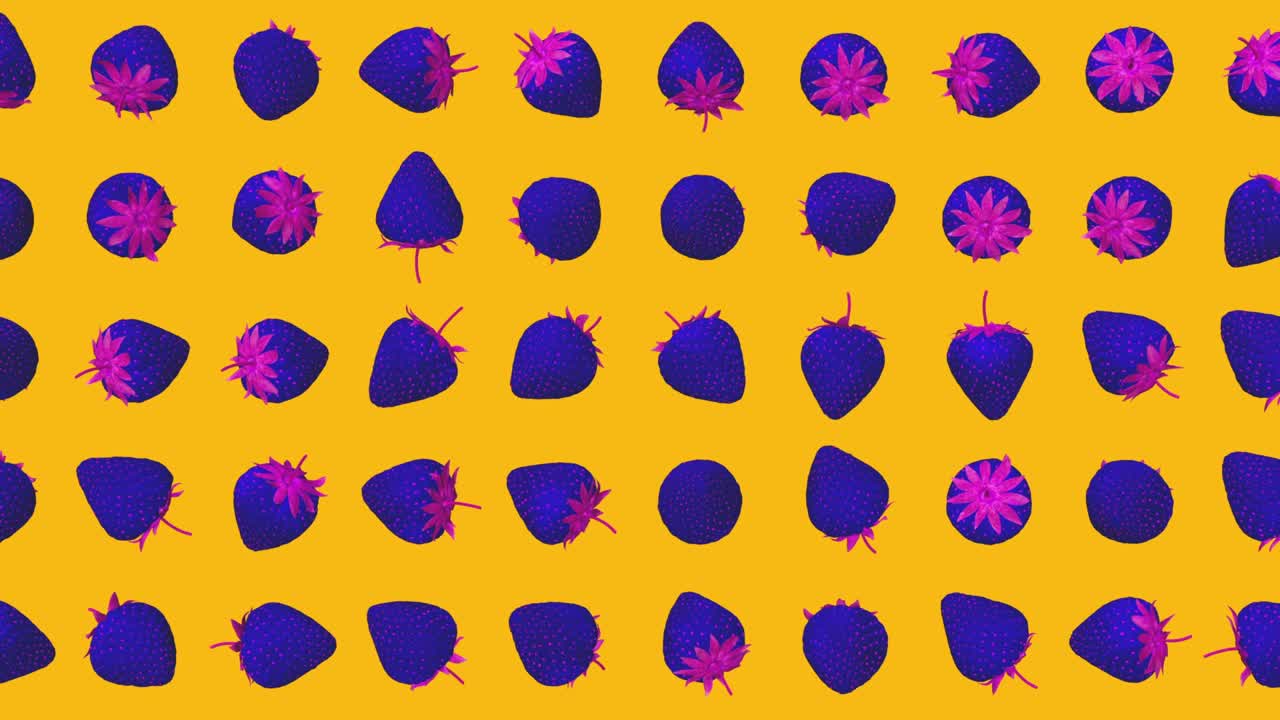 fresa colorida sobre fondo amarillo. diseño conceptual de arte pop abstracto. composición 3d realista en estilo de movimiento moderno creativo. plantilla psicodélica gráfica minimalista. animación de moda de moda.
