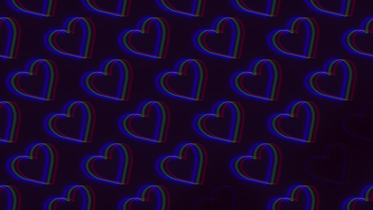 Seamless neon heart pattern background with RGB glitch effect on dark backdrop