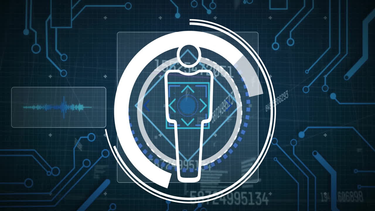 Animation of human icon and scope scanning over data processing on black background