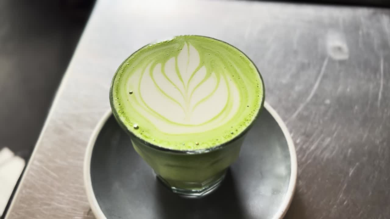 Aesthetic Hot Matcha Latte Art Glass Cafe