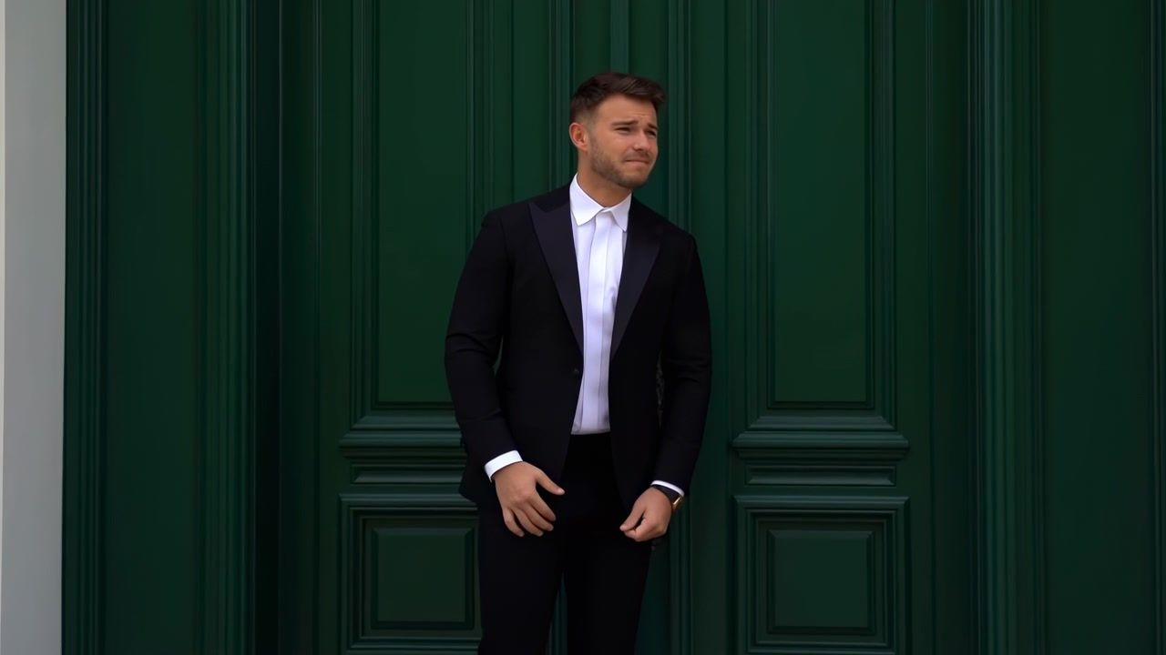 Giovane uomo sorridente in abito scuro e camicia bianca si trova leggermente a sinistra del centro davanti a grandi porte di legno a pannelli verdi, mentre si sistema la giacca con entrambe le mani