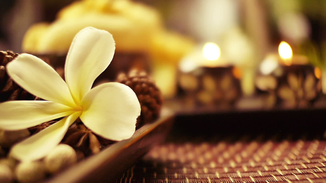 Inspiration til dekorationer og tilbehør til spa- og wellnessbehandlinger med urter, skrubbesvampe, duftlys, plumeria frangipani-blomster og håndklæder til krops- og hudplejeterapi og afslapning