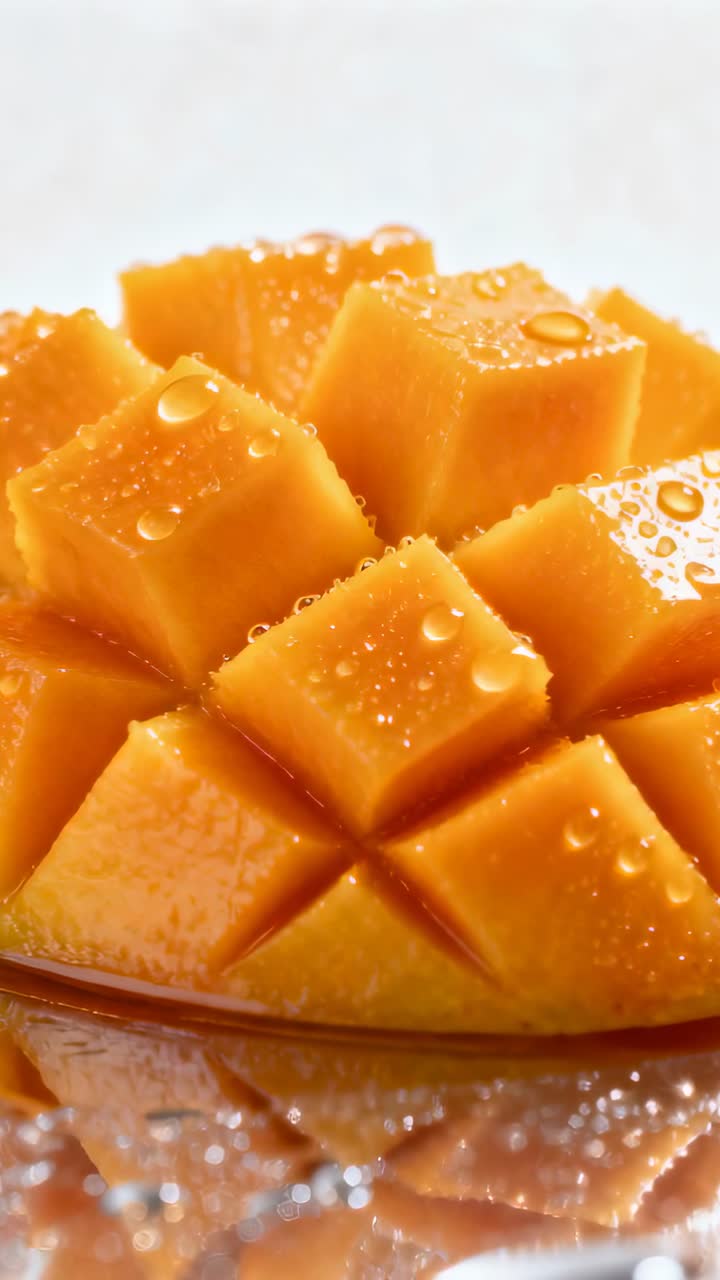 Video verticale: Luce cangiante che mostra cubetti di mango dimezzati su un piatto da studio con goccioline per la texture.