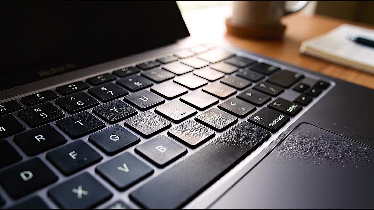 Detailed close up of laptop keyboard with visible key wear and lighting reflections on modern device surface